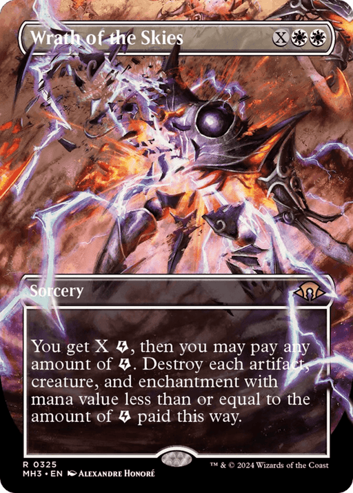 A Magic: The Gathering trading card titled "Wrath of the Skies (Borderless) [Modern Horizons 3]" with fiery imagery, part of the Modern Horizons 3 collection. The card's background shows a chaotic, stormy scene with a fearsome, winged creature amidst lightning. This rare sorcery details its power to obliterate artifacts, creatures, and enchantments.