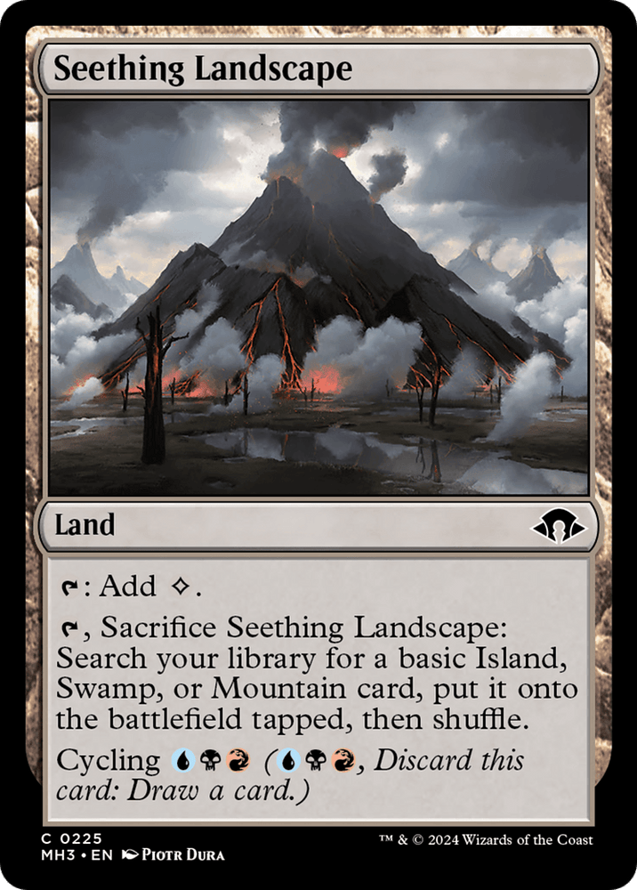 A Magic: The Gathering product titled "Seething Landscape [Modern Horizons 3]" from the Modern Horizons 3 set. It depicts a volcanic terrain with smoke and ash emanating from the peak. The card type is "Land" with abilities to add one colorless mana, sacrifice for a basic land card, and cycling for 2 colored mana.