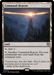 The rare land card "Command Beacon [Outlaws of Thunder Junction Commander]" from Magic: The Gathering features artwork depicting a towering structure emitting a bright beacon of light from its peak. The background shows a dark and mountainous landscape. Part of the Outlaws of Thunder Junction set, the card includes abilities and a flavor quote from Riku of Two Reflections.