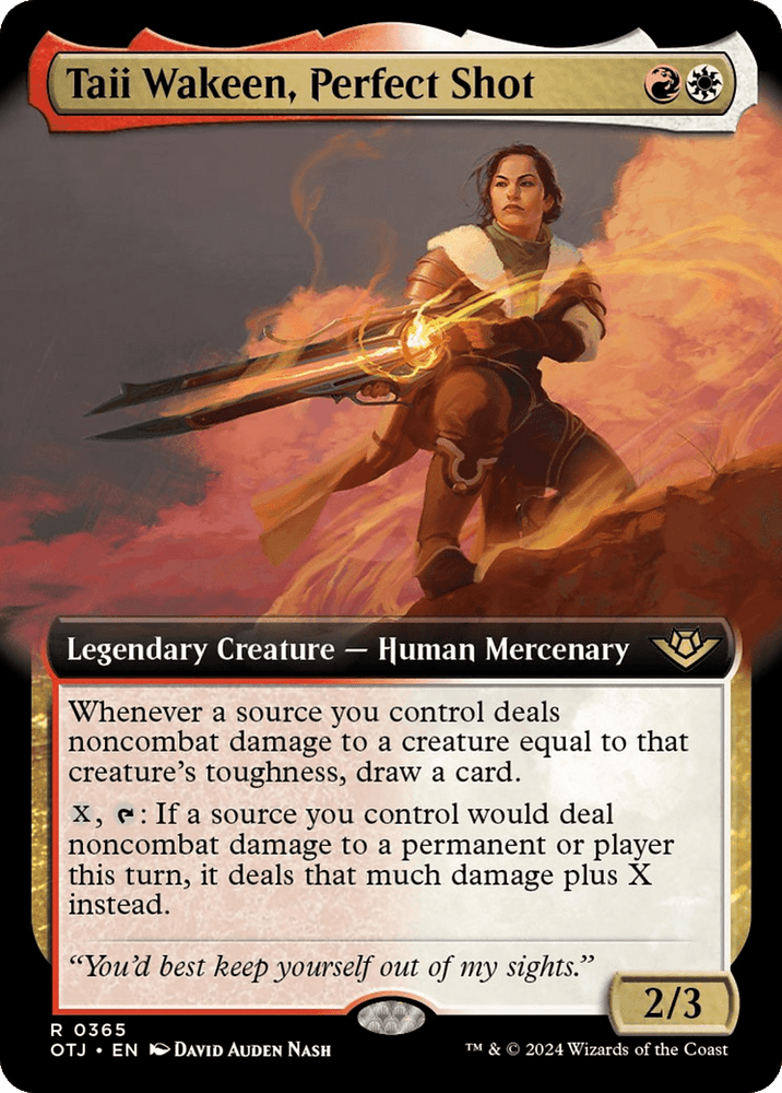 A Magic: The Gathering card featuring Taii Wakeen, Perfect Shot (Extended Art) [Outlaws of Thunder Junction], a Legendary Creature. The card depicts Taii Wakeen, a Human Mercenary aiming a glowing crossbow. Her text details abilities to deal and amplify noncombat damage. The card has a white and red color scheme and stats of 2/3.