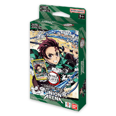 The image displays the Union Arena: DEMON SLAYER Starter Deck by Bandai, featuring a Demon Slayer character with a sword and blue water effects. The green box includes branding and shows a card of the character in front. Recommended for ages 9+.