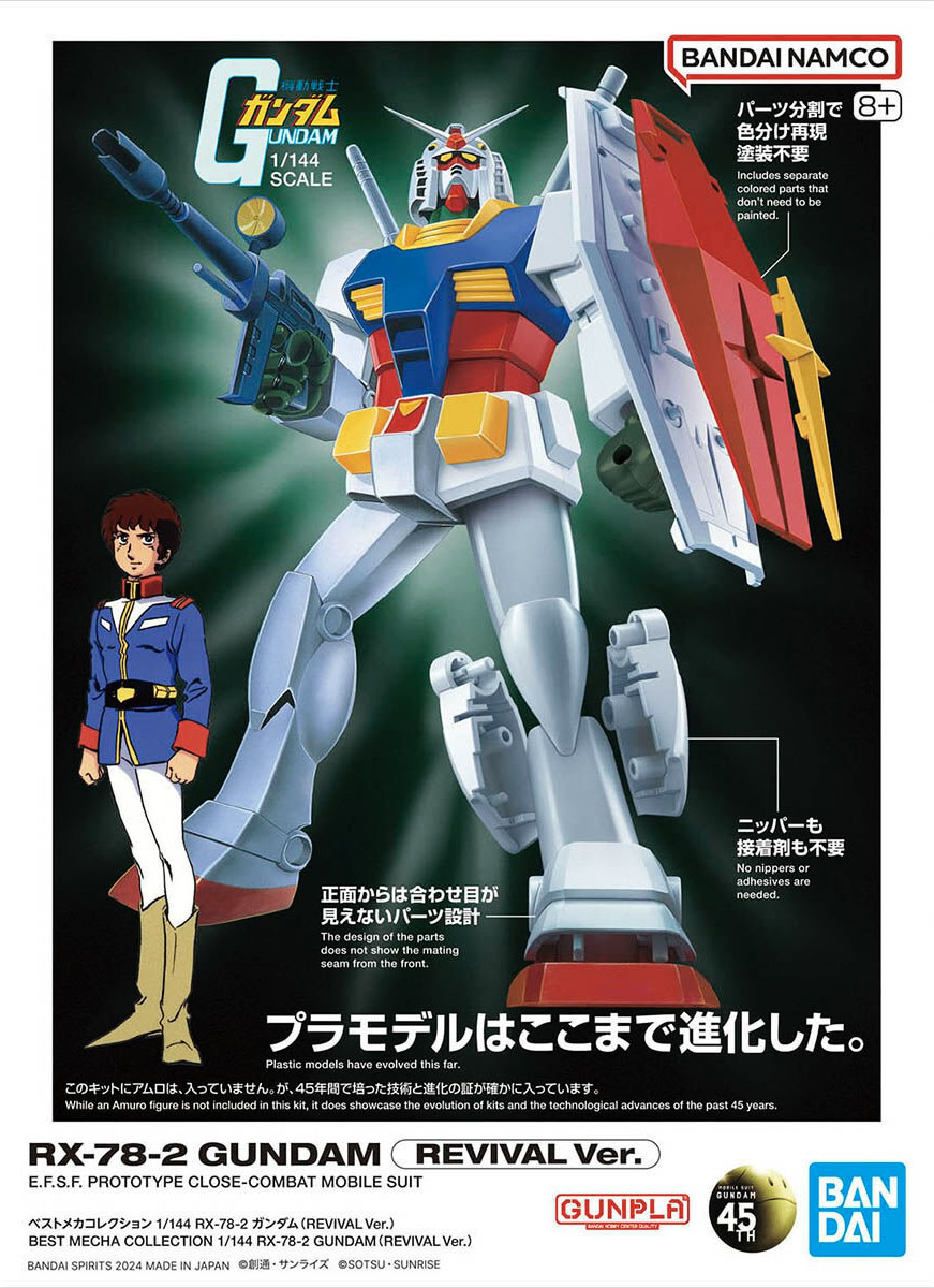 Anime-style poster of an intricately detailed Best Mecha Collection 1/144 RX-78-2 Gundam (Revival Ver.) in a dynamic pose with a shield and gun. On the left, a person in a blue and white outfit stands confidently. Japanese and English text, including 