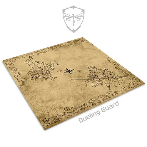 The 2-Player Stitched Edge Playmat - Dream Chasers Tan by Dueling Guard is a square beige mat with dimensions of 25x25 inches, featuring a fantasy theme with two intricate illustrations. In the left corner, a figure is casting a spell with swirling motions, while on the right, a warrior wields dual swords. Decorative borders frame the mat, and "Dueling Guard" is printed at the bottom right.