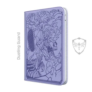 The Hero of Liberation TCG Binder by Dueling Guard is a premium-quality tablet case that showcases an intricate blue illustration of a battle scene. It features a character wielding a shield and sword amidst dynamic clouds and energy bursts. The binder has a zippered edge, Trading Cards text on the left side, and the Dueling Guard logo on a light, solid-colored background.