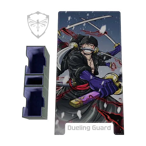 Image of a Dueling Guard set featuring the ASHURA EMBROIDERED DECK BOX and a playmat. The playmat depicts an anime character in a black outfit and headband, wielding three swords with a fierce expression as snowflakes fall. To the left is the dark blue vegan leather ASHURA EMBROIDERED DECK BOX with compartments.