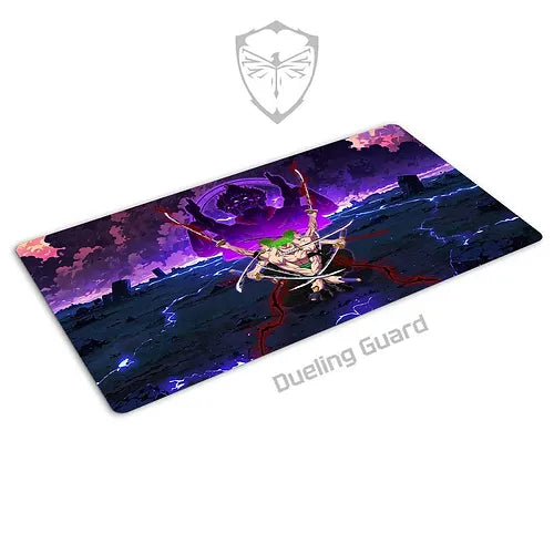 The 1-Player Stitched Edge Playmat - 9 Sword Style by Dueling Guard is a rectangular playmat measuring 25x14 inches. It features a menacing, purple and black-themed scene with a green-haired character in a purple coat wielding sharp weaponry, accompanied by a dark mythical creature in the background and lightning bolts striking the ground. The words "Dueling Guard" are written below the image.