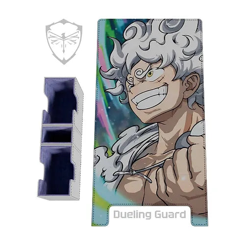 Image of a vertical SUN GOD EMBROIDERED DECK BOX featuring a colorful illustration of an anime character with spiky white hair and a wide grin, flexing his arm. The SUN GOD EMBROIDERED DECK BOX boasts a modular design and comes with a matching stand highlighted in the image. The words 