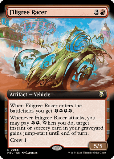 Image of the Magic: The Gathering card "Filigree Racer (Extended Art) (Ripple Foil)" from Modern Horizons 3 Commander. This elegant artifact vehicle, with a crew cost of 1 and a power/toughness of 5/5, features ornate green and gold wheels. Its abilities generate mana tokens, allow casting instants/sorceries with jump-start, and require mana payments for attacks.