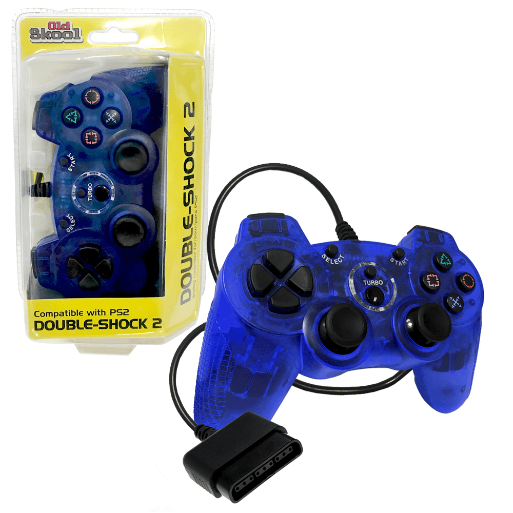 The Old Skool Blue PS2 Wired Double-Shock 2 Controller is translucent blue, featuring dual analog joysticks, a D-pad, pressure-sensitive action buttons with four colored shapes, and a wire with a 9-pin connector. It's compatible with PS2.