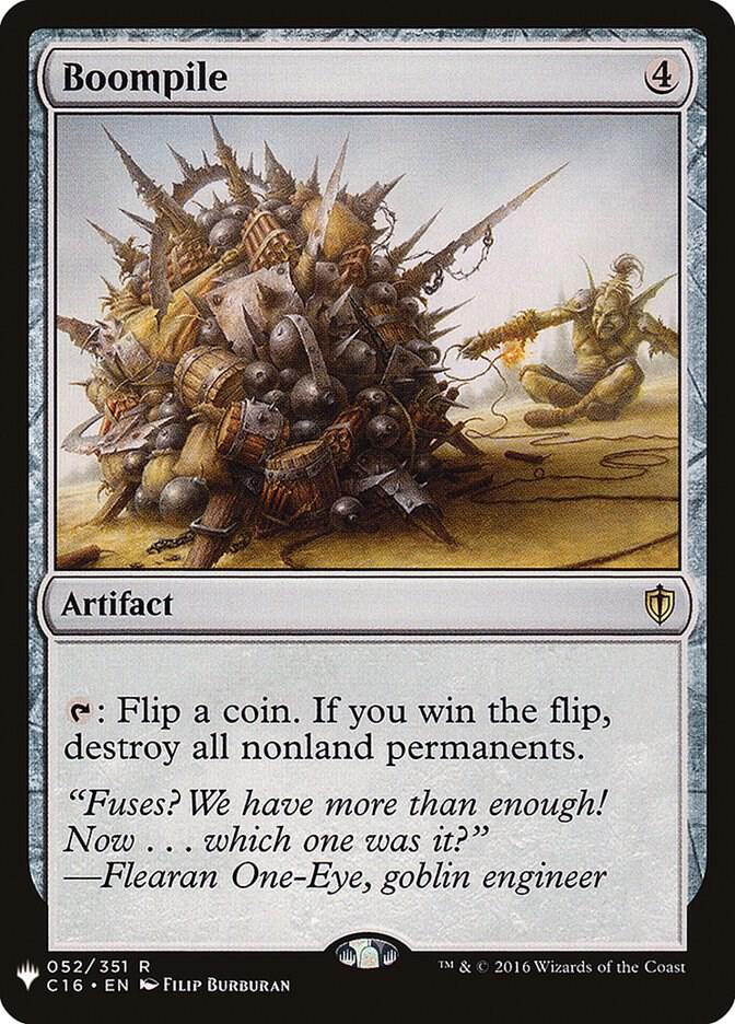 The Magic: The Gathering card, "Boompile" from [The List], costs 4 and depicts debris with explosives managed by a goblin. This artifact allows you to flip a coin; winning destroys all nonland permanents. Includes a quote from Fleeran One-Eye.