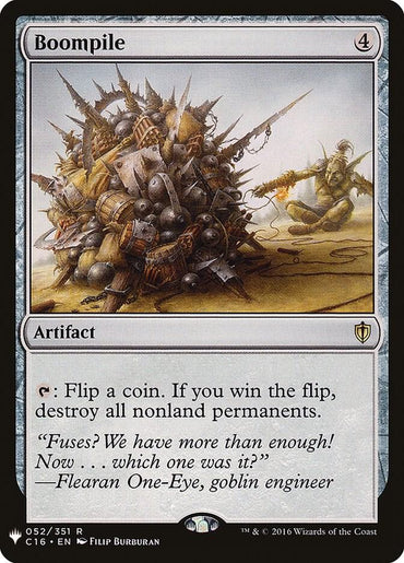 The Magic: The Gathering card, "Boompile" from [The List], costs 4 and depicts debris with explosives managed by a goblin. This artifact allows you to flip a coin; winning destroys all nonland permanents. Includes a quote from Fleeran One-Eye.