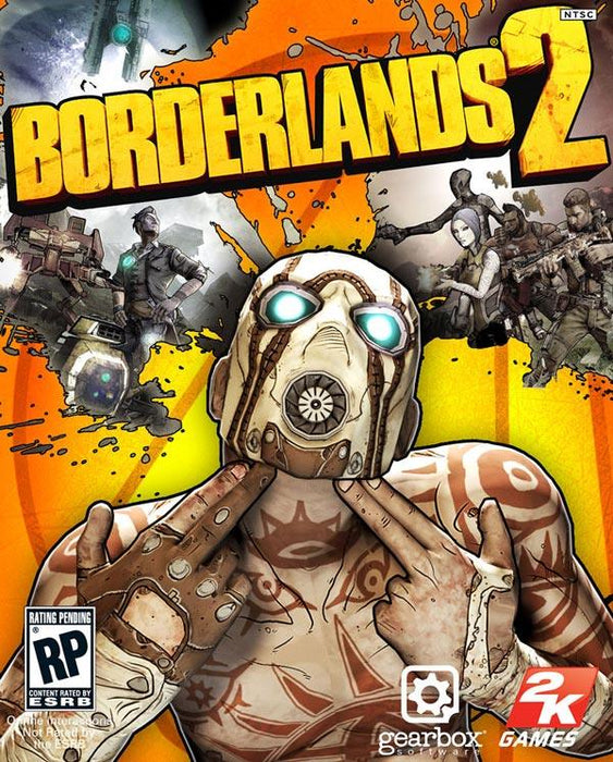 Cover art of the first-person shooter game "Borderlands 2." The central figure is a masked character pointing finger guns at their own head. Explosions and action scenes with various other characters surround the main character. Prominent logos for Everything Games, 2K Games, and the ESRB rating are at the bottom.