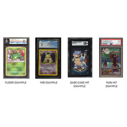 Four professionally graded Pokémon cards are showcased in BREAKSAVER - BLACK - ONE GRADED POKEMON CARD cases. From left to right: "Floor Example" Gem Mint 9, "Mid Example" Near Mint 7, rare holo short print "Base Case Hit Example" Pristine 10, and "Run Hit Example" PSA 8 with unique Pokémon designs.