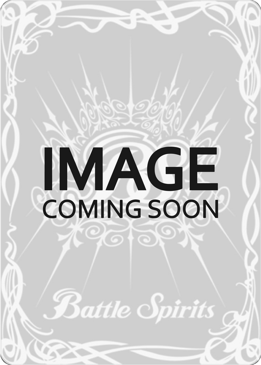 Gray card with ornate borders and intricate patterns. The text "IMAGE COMING SOON" is prominently centered in black capital letters. Below, “Battle Spirits” is written in decorative white script. This card, the New EVA-02a -Backdoor Code Triple Nine- (CB01-003) from Bandai's Collaboration Booster 01: Halo of Awakening Pre-Release Cards collection, features a symmetrical, abstract design with swirling and curving lines.