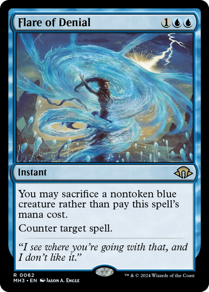 A Magic: The Gathering card titled "Flare of Denial [Modern Horizons 3]" from Magic: The Gathering. It costs 1 generic and 2 blue mana. This instant lets the player sacrifice a blue non-token creature to cast it without paying its mana cost, effectively acting as a powerful counterspell. The card features swirling magic and a figure casting a spell.