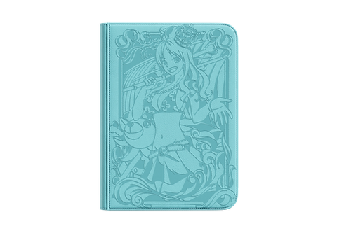 Teal-colored notebook cover featuring a detailed illustration of an animated female character holding a microphone. She has long hair and wears a decorative outfit with gloves. The background includes ornate, swirling patterns and a floral motif near the top—ideal for pairing with your Dueling Guard's The Navigator TCG Binder.