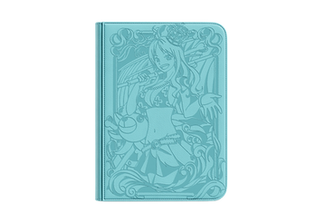 Teal-colored notebook cover featuring a detailed illustration of an animated female character holding a microphone. She has long hair and wears a decorative outfit with gloves. The background includes ornate, swirling patterns and a floral motif near the top—ideal for pairing with your Dueling Guard's The Navigator TCG Binder.