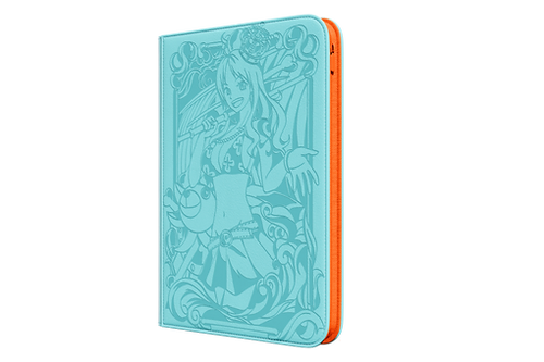 The Navigator TCG Binder by Dueling Guard is a teal-toned, hardback book featuring an orange spine. The cover displays an intricate illustration of a smiling, anime-style female character holding a staff, adorned with decorative swirls and floral elements. Perfect for trading card storage, the edge of the pages is also visible in the image.