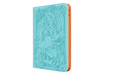 The Navigator TCG Binder by Dueling Guard is a teal-toned, hardback book featuring an orange spine. The cover displays an intricate illustration of a smiling, anime-style female character holding a staff, adorned with decorative swirls and floral elements. Perfect for trading card storage, the edge of the pages is also visible in the image.