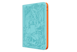 The Navigator TCG Binder by Dueling Guard is a teal-toned, hardback book featuring an orange spine. The cover displays an intricate illustration of a smiling, anime-style female character holding a staff, adorned with decorative swirls and floral elements. Perfect for trading card storage, the edge of the pages is also visible in the image.