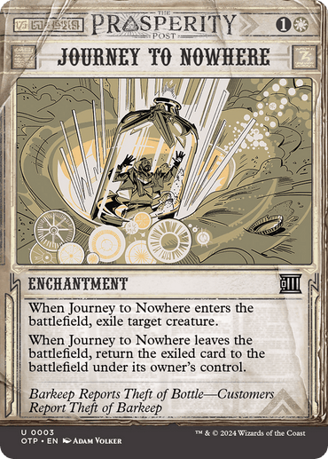 A Magic: The Gathering card named "Journey to Nowhere" from the "Outlaws of Thunder Junction: Breaking News" series features artwork of a man encased in a glass bottle on a barren battlefield. The card text describes enchantment mechanics for exiling and returning a creature, with decorative elements enhancing the design.