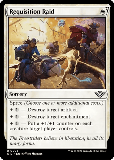 Magic: The Gathering card 'Requisition Raid [Outlaws of Thunder Junction]' depicts two armored warriors riding giant birds in the sky, attacking with spears. The white-framed sorcery offers spree options for destroying artifacts or enchantments, or boosting creatures.