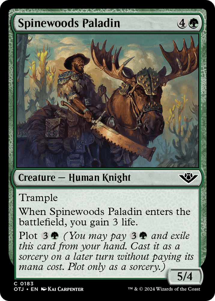 Illustration of "Spinewoods Paladin" from Magic: The Gathering's "Outlaws of Thunder Junction," depicting a human knight mounted on a majestic, antlered beast. The card showcases trample-ready armor and a spear, with its name, abilities, and stats gracefully presented below the artwork within ornate borders.