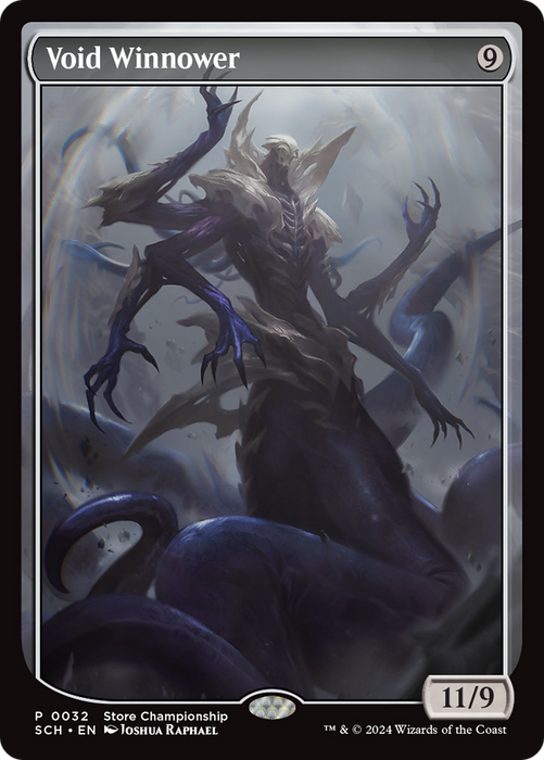 The "Void Winnower" card from Magic: The Gathering's World Championship Promos features a formidable Eldrazi with numerous limbs and dark, shadowy tendrils. This rare card depicts the creature in a threatening stance against a tumultuous backdrop, with the numbers "11/9" displayed at the bottom right. The artwork is crafted by Joshua Raphael.