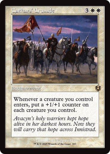 The image is a Magic: The Gathering card titled "Cathars' Crusade (Retro Frame)" from Innistrad Remastered. This Rare Enchantment, costing 3 generic and 2 white mana, is illustrated with armored warriors on horseback with flags and triggers when creatures enter the battlefield.