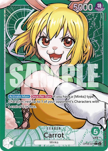 The product Carrot (Parallel) [Two Legends] by Bandai features a card image of Carrot, a Minks tribe member with rabbit ears and yellow hair in an orange outfit and green cape. With a determined smile, she is a "Leader" type boasting 5000 power and an ability to rest minions costing 5 or less.