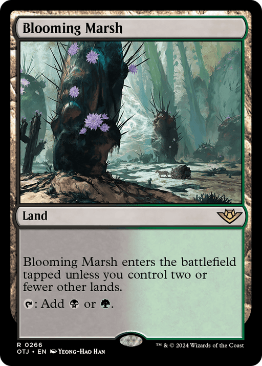 The image shows a Magic: The Gathering product named Blooming Marsh [Outlaws of Thunder Junction]. It is a rare land card illustrated by Yeong-Hao Han. The artwork depicts a swampy area with trees covered in purple flowers emerging from murky water. The card text states the condition for entering the battlefield and its mana abilities.