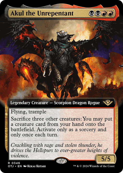 A Magic: The Gathering product titled "Akul the Unrepentant (Extended Art) [Outlaws of Thunder Junction]" depicts a dark armored figure with a dragon-like appearance, wielding a flaming sword and riding a skeletal, winged creature over a burning landscape. With power/toughness of 5/5 and mana cost in black, red, and white.