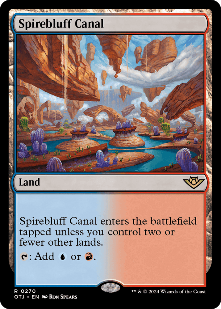 A rare land card from the Magic: The Gathering set depicts a vibrant, rocky landscape with floating stone formations over Spirebluff Canal [Outlaws of Thunder Junction]. The rocky spires and lush vegetation give the land an enchanting, otherworldly appearance. The card text describes how the land enters the battlefield and its mana-producing capabilities.