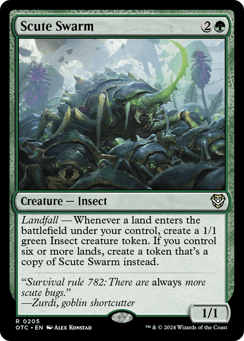 The image shows a Magic: The Gathering card titled "Scute Swarm" from Outlaws of Thunder Junction Commander. The card costs 2 colorless and 1 green mana and features the Landfall ability, creating 1/1 green Insect tokens when a land enters under your control. The artwork depicts numerous green insect creatures swarming in a forest.