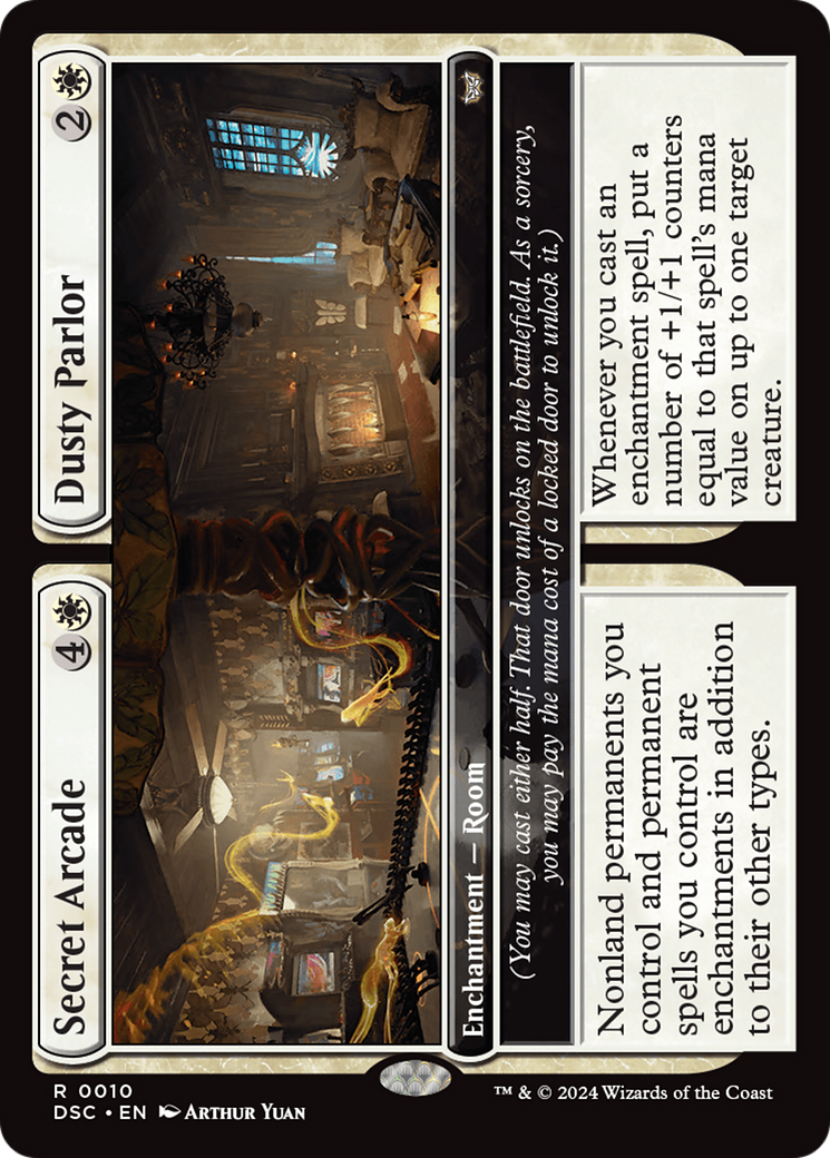 A Magic: The Gathering card showcases intricate artwork of a dimly lit parlor with an arcade of glowing screens in the background. Named 