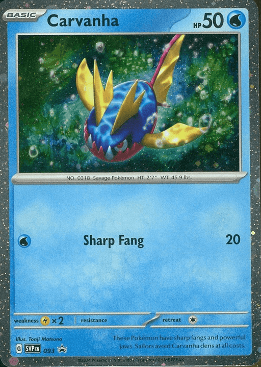A Pokémon trading card featuring Carvanha, a Water Type Pokémon with sharp fangs and a blue, yellow, and red color scheme. The card lists Carvanha's HP as 50 and shows an attack named "Sharp Fang" with a damage of 20. Additional details from the Black Star Promos series are visible below the image is replaced by Carvanha (093) (Cosmos Foil) [Scarlet & Violet: Black Star Promos] by Pokémon.
