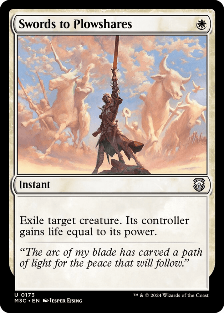 A "Magic: The Gathering" card titled "Swords to Plowshares (Ripple Foil) [Modern Horizons 3 Commander]," an uncommon instant. The artwork depicts a warrior raising a glowing sword amid an ethereal scene with ghostly figures of oxen and angels. The card text reads, "Exile target creature. Its controller gains life equal to its power.