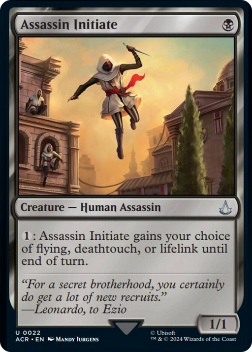 The image shows a Magic: The Gathering card titled "Assassin Initiate [Assassin's Creed]." It features artwork of a hooded Human Assassin dressed in white, leaping between buildings with a poised dagger. The card text describes lifelink abilities and features flavor text from Leonardo to Ezio, reminiscent of Assassin's Creed.