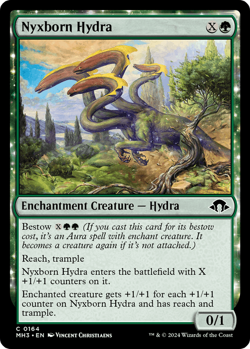 Nyxborn Hydra [Modern Horizons 3] card from Magic: The Gathering with a green border. Creature type Hydra, has powers: Reach, trample, Bestow (X)(green)(green). Starts as a 0/1 with +1/+1 counters equal to (X). Text describes abilities and effects of Nyxborn Hydra when cast as an Enchantment Creature or aura. Art by Vincent Christiaens