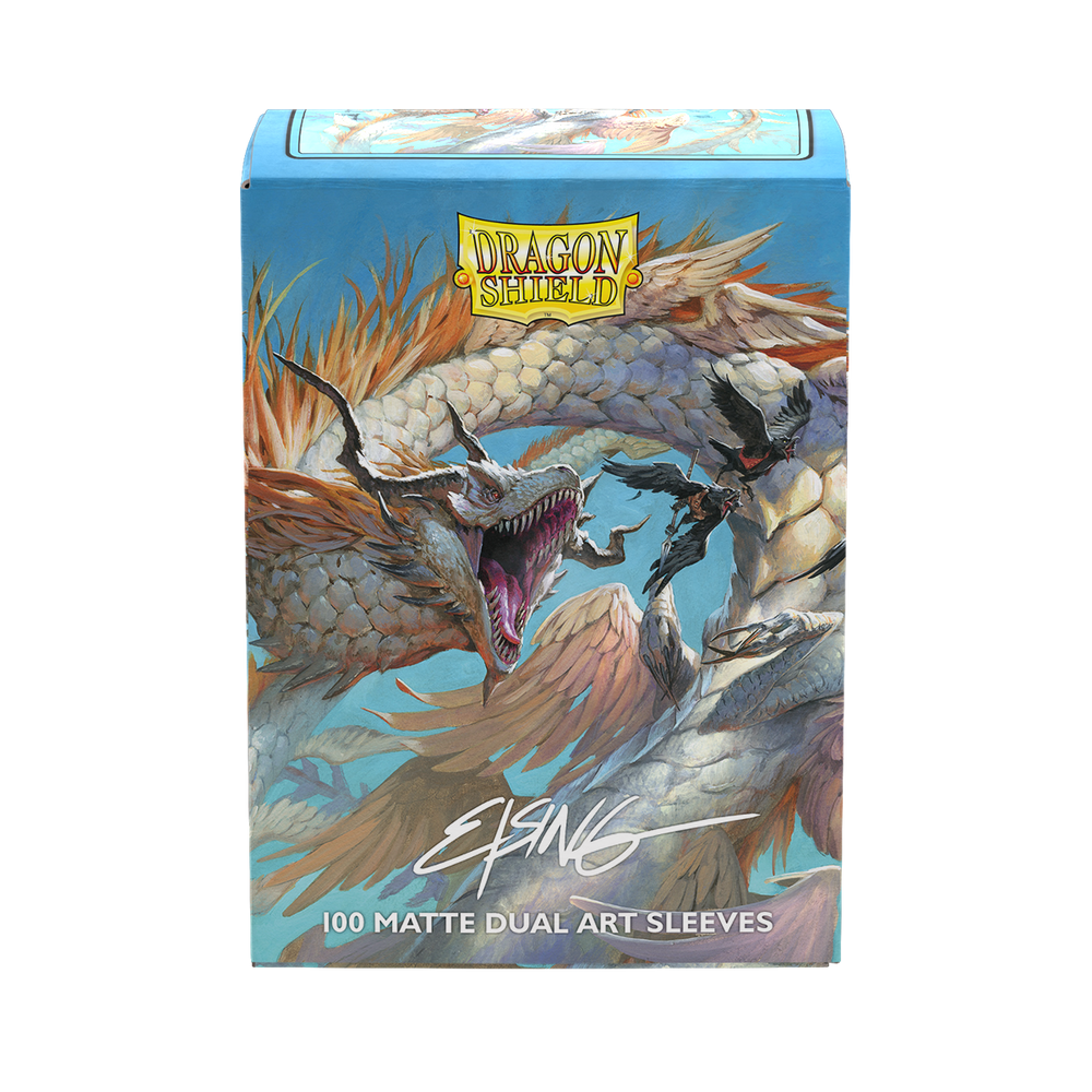 The Dragon Shield: Standard 100ct Sleeves - The Ejsingandr (Dual Matte) by Arcane Tinmen features dynamic fantasy art of a fierce white and blue dragon with sharp claws and teeth, surrounded by clouds. "Dragon Shield" branding is prominently displayed at the top.