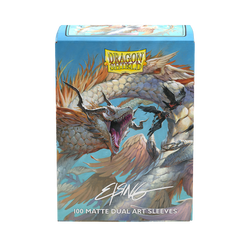 The Dragon Shield: Standard 100ct Sleeves - The Ejsingandr (Dual Matte) by Arcane Tinmen features dynamic fantasy art of a fierce white and blue dragon with sharp claws and teeth, surrounded by clouds. "Dragon Shield" branding is prominently displayed at the top.