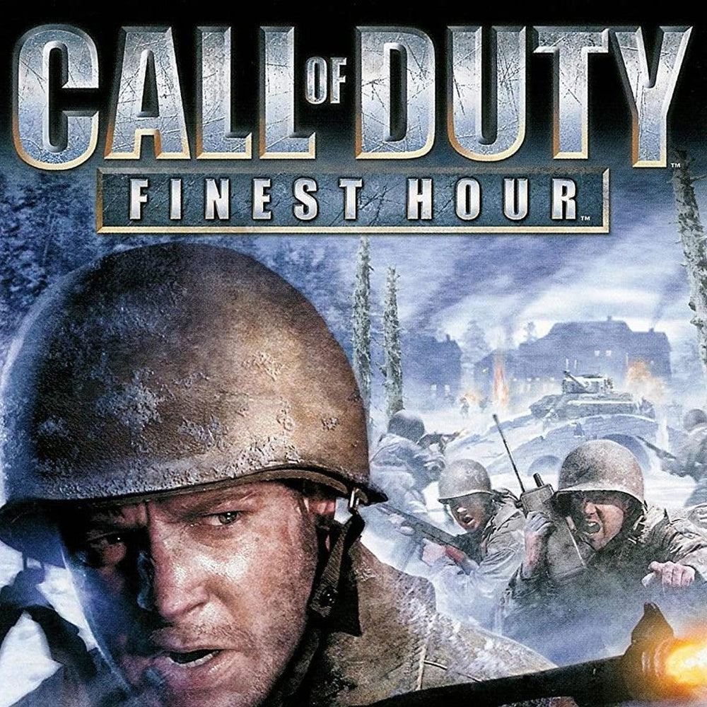 The cover art for "Call Of Duty Finest Hour" by Everything Games depicts the gritty vibe of a WWII shooter, featuring a soldier in a snowy battlefield with comrades, tanks, and cloudy skies. The title is prominently shown above.