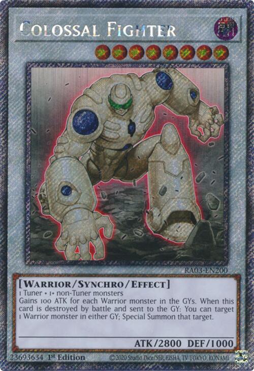 The Yu-Gi-Oh! Colossal Fighter (Platinum Secret Rare) [RA03-EN200] is a Synchro/Effect Monster featuring an armored warrior with blue accents and red shoulder spheres, offering 2800 ATK/1000 DEF. It requires tuner/non-tuner monsters to summon, boosting its ATK for each Warrior in graveyards.