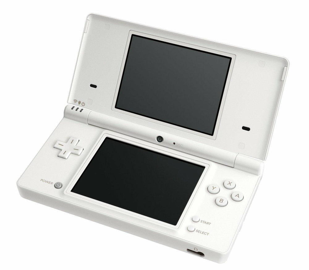 The Nintendo DSi, a handheld gaming console from Nintendo, is equipped with dual screens. The top screen serves as the display, and the bottom screen functions as a touchscreen. This white portable entertainment device includes a directional pad on the left side, four action buttons (A, B, X, Y) on the right side, and two additional buttons labeled 'Start' and 'Select' situated below the action buttons.