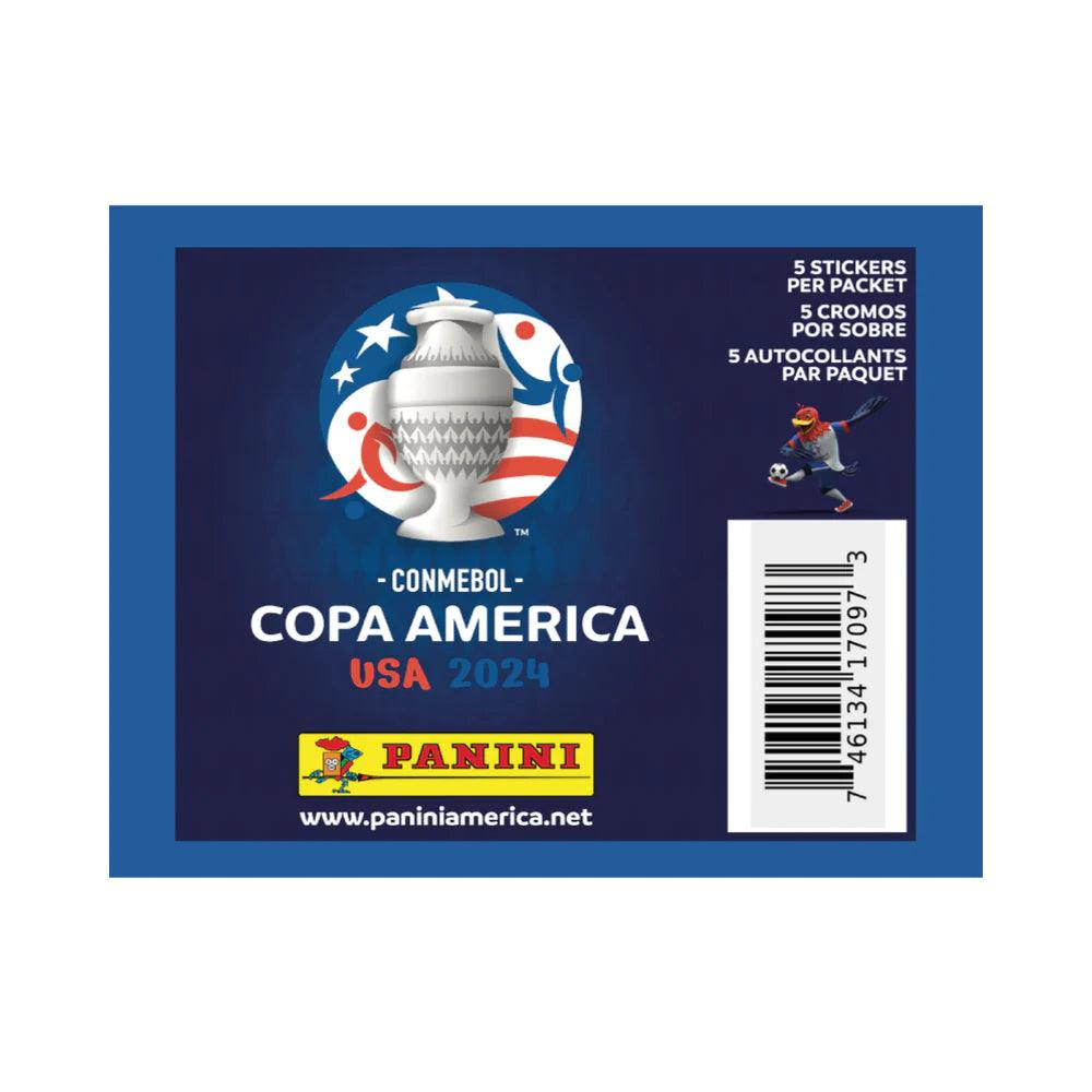 A blue sticker packet featuring the CONMEBOL Copa America USA 2024 logo, showcasing a soccer trophy encircled by a red and blue ribbon with stars. The packet mentions 