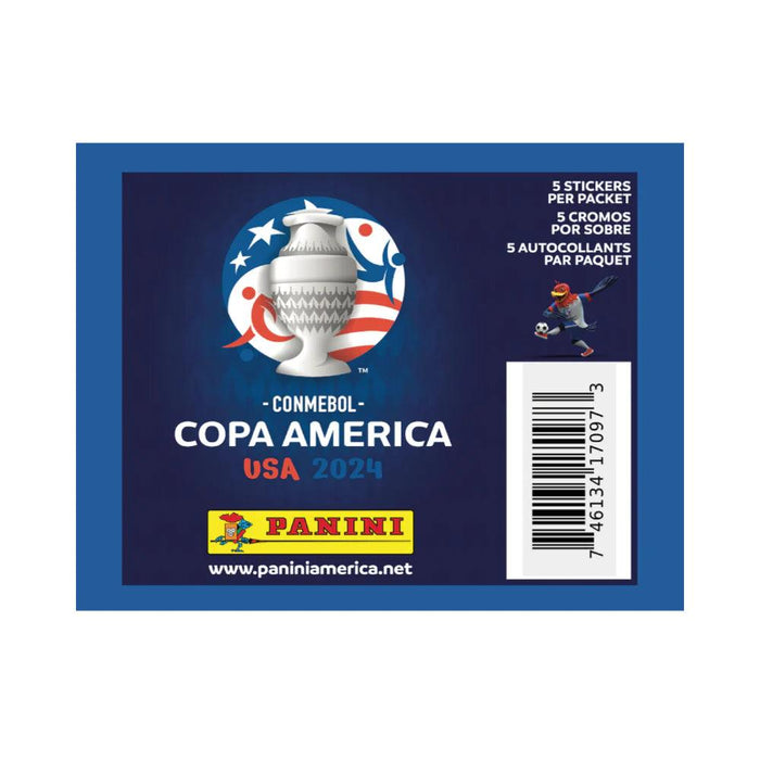 A blue sticker packet featuring the CONMEBOL Copa America USA 2024 logo, showcasing a soccer trophy encircled by a red and blue ribbon with stars. The packet mentions "5 stickers per packet" in multiple languages. The Everything Games logo and website "www.paniniamerica.net" are displayed at the bottom along with a barcode on the right side. Don't miss out on these limited ENVELOPE COPA AMERICA 2024 US EDITION – PANINI packs!