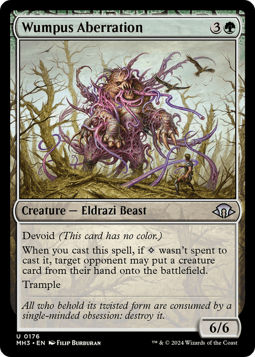 Magic: The Gathering card named **Wumpus Aberration [Modern Horizons 3]**. The card has a cost of 3 generic mana and 1 green mana. The artwork depicts a grotesque, multi-limbed Eldrazi Beast emerging from a mass of pink and purple tendrils. It has Devoid, Trample, and power/toughness 6/6. From Magic: The Gathering's Modern Horizons 3 set.