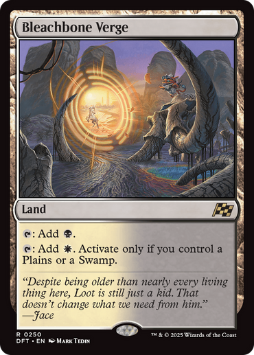 The rare "Bleachbone Verge [Aetherdrift]" Magic: The Gathering card features a desolate landscape with twisted stone arches and a glowing orb. This land card provides white or black mana, with flavor text suggesting Loot wandering the aetherdrift.