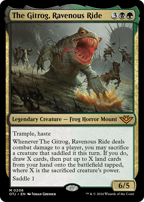 A Magic: The Gathering product titled "The Gitrog, Ravenous Ride [Outlaws of Thunder Junction]". The illustration depicts a large, monstrous frog leaping through a swamp, ridden by an armored figure. This mythic legendary creature boasts abilities like trample and haste, with a power and toughness of 6/5.