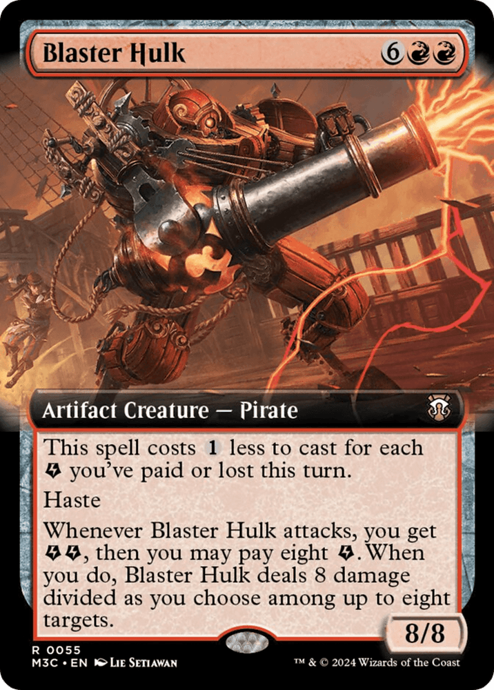 A Magic: The Gathering card titled "Blaster Hulk (Extended Art) (Ripple Foil)" from Modern Horizons 3 Commander costs 6RR. It's an 8/8 Artifact Creature – Pirate with Haste, featuring abilities that reduce casting cost and deal divided damage upon attack. Illustrated by Lie Setiawan, the artwork portrays a mechanical pirate firing guns amidst explosions.